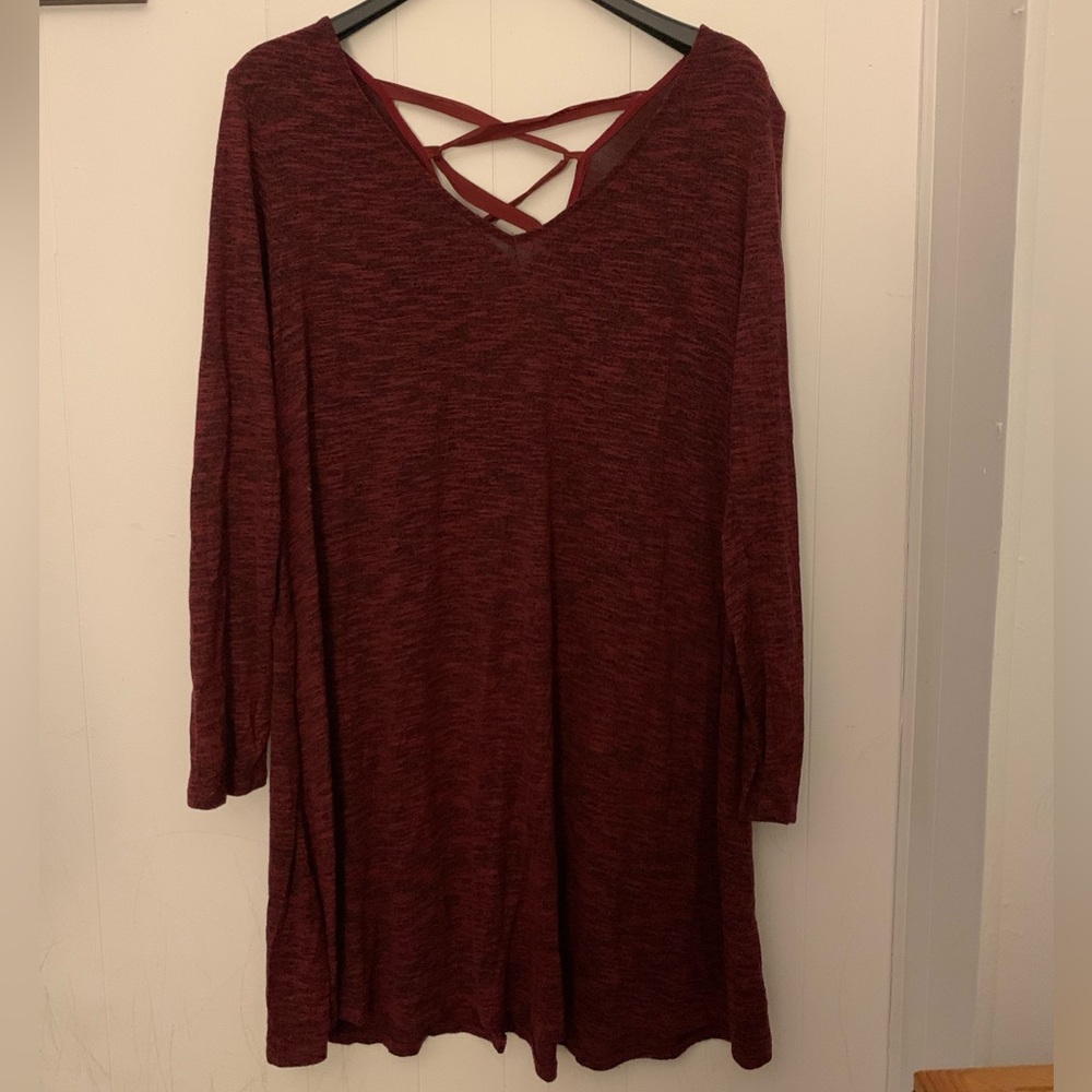 JUST BE Burgundy Heathered V-Neck Long Sleeve DRESS women size 2X Tie-up Back